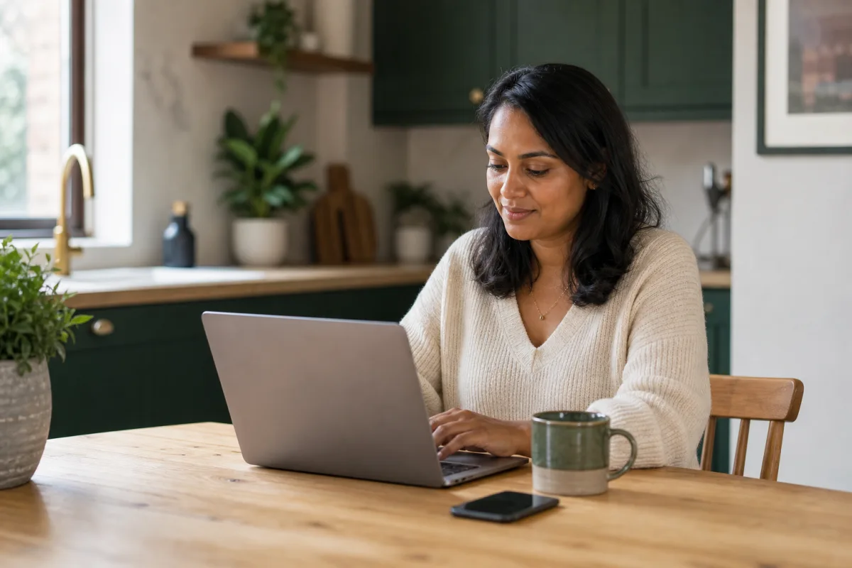 Woman calmly using a laptop at her kitchen table